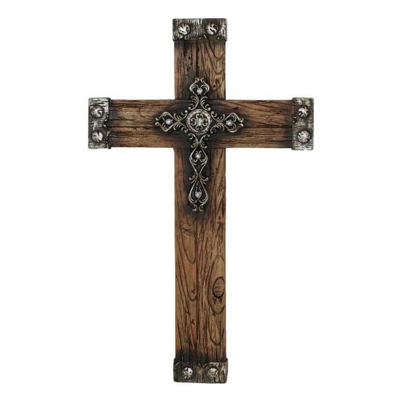Rustic Western Faux Wood Grain With Layered Silver Scroll Crystals Wall Cross