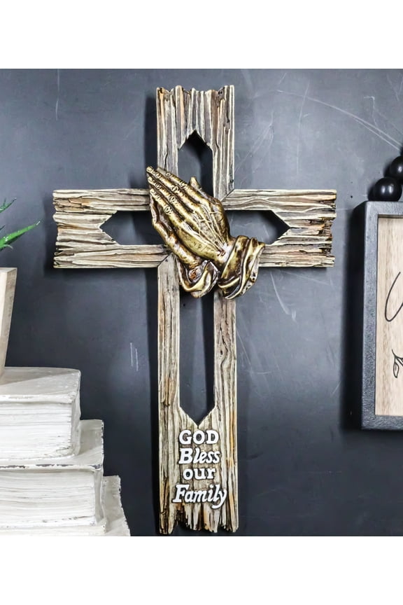 Rustic Western Faux Wooden God Bless Our Family Praying Hands Rugged Wall Cross