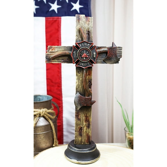 Rustic Western Fire Department Maltese Cross Fireman Axes Desktop Plaque Cross