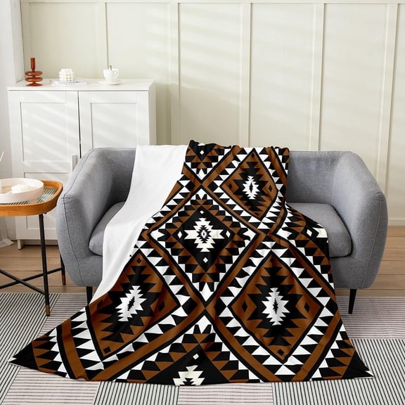 Rustic Western Fleece Flannel Blanket for Sofa Bed,Southwestern Aztec Throw Blanket Bohemian Bed Blanket Ethnic Mexican Style Geometric Diamond Fuzzy Blanket Brown Black Twin 60x80