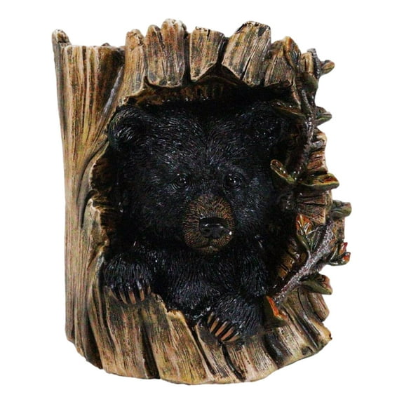 Rustic Western Forest Black Bear Hiding in Tree Trunk Decorative Figurine