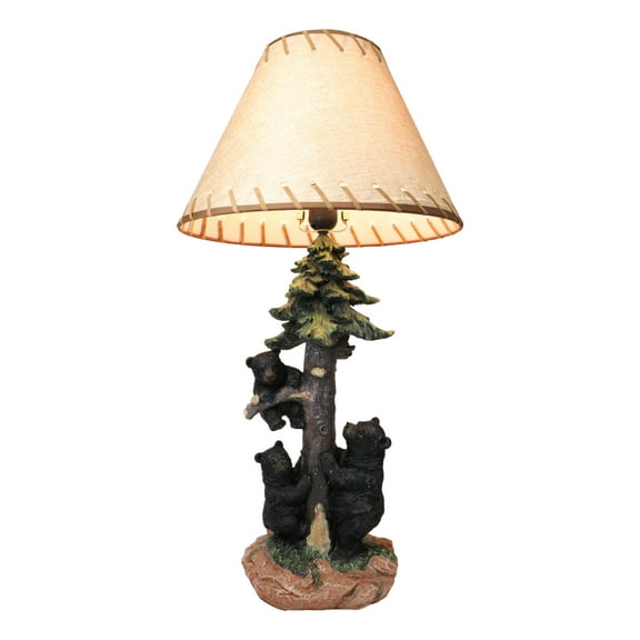 Rustic Western Forest Black Mama Bear With Cubs Climbing On Pine Tree Table Lamp