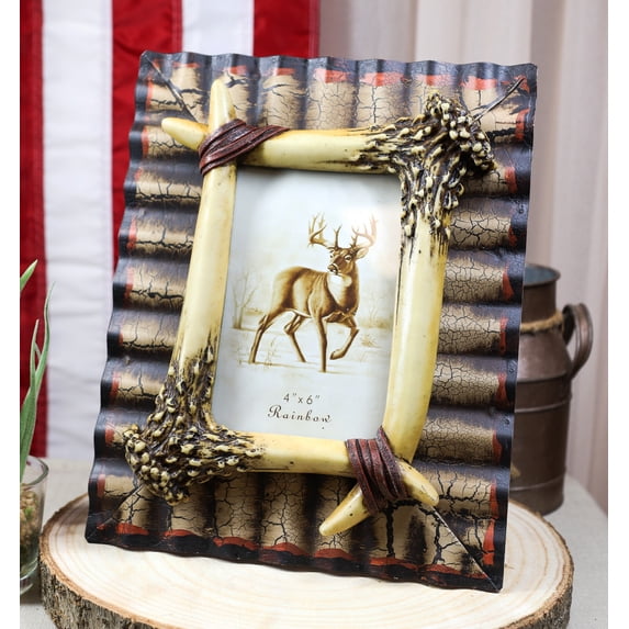 Rustic Western Galvanized Metal Buckhorn Stag Deer Antlers 4"X6" Photo Frame