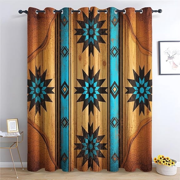 Rustic Western Geometric Curtains, Turquoise Tribal Wood Patterned Blackout Curtains for Bedroom, Living Room Decor, Room Darkening Thermal Insulated Grommet Drapes 26"W x 63"L (Pack of 2)