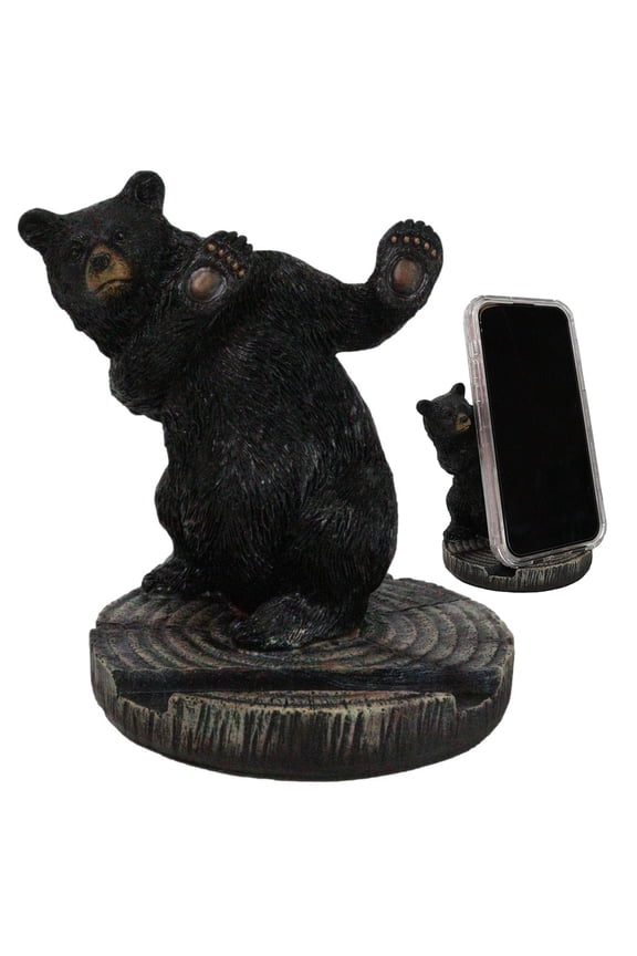 Rustic Western Hide And Seek Black Bear On Tree Ring Cell Phone Holder Figurine