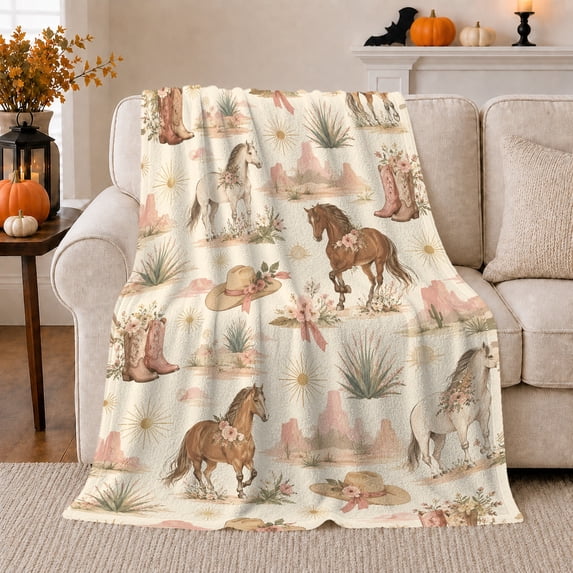 Rustic Western Horse Floral Garland Pattern Cream, Rustic Farmhouse Horse Scene, Warm Flannel Blanket for Ranch House and Living Room, Horse Lovers Housewarming Gift, Rustic Home Decor