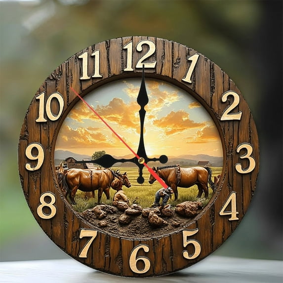 Rustic Western Horses Sunset Wall Clock 10-Inch Silent Wooden Wall Clock, Battery Operated (AA Batteries Not Included), Artistic Home Decor
