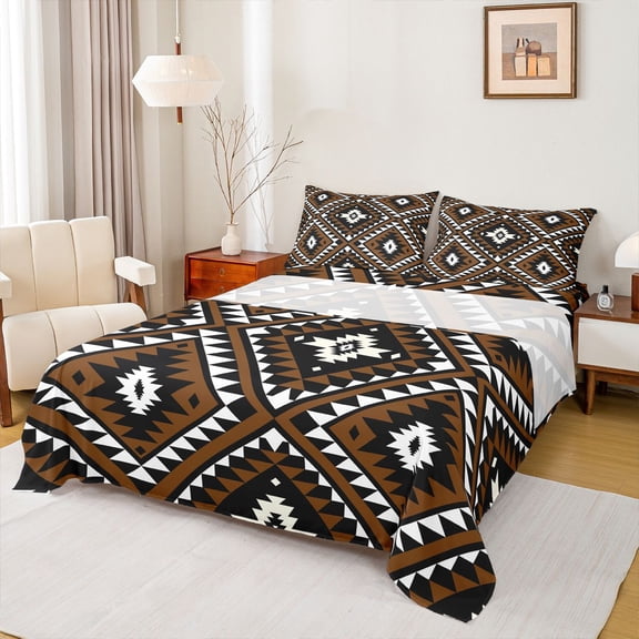 Rustic Western King Bed Sheets For Men,Southwestern Aztec Sheet Set Bohemian Bedding Set Mexican Style Geometric Diamond Farmhouse Fitted Sheet Brown Black White Flat Sheet 2 Pillow Cases