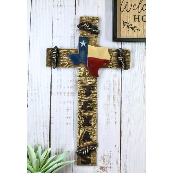 Rustic Western Lone Star Texas State Flag Barbed Wires Faux Wooden Wall Cross