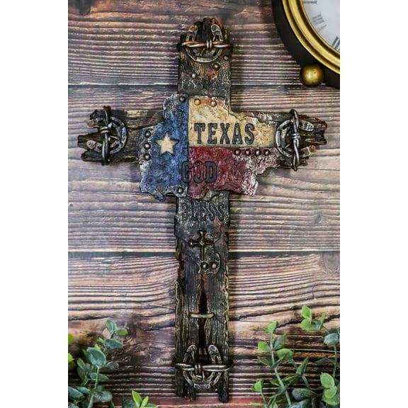 Rustic Western Lone Star Texas State Flag Wall Cross With Driftwood Finish Look