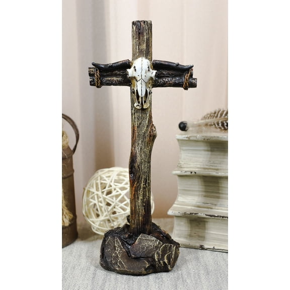 Rustic Western Longhorn Bull Cow Skull On Logs Cross Standing Plaque Figurine
