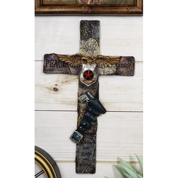 Rustic Western Men In Blue Police Law Enforcement Gun Eagle Badge Wall Cross