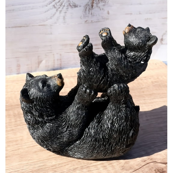 Rustic Western Mother Black Bear Lifting Baby Cub In The Air Figurine