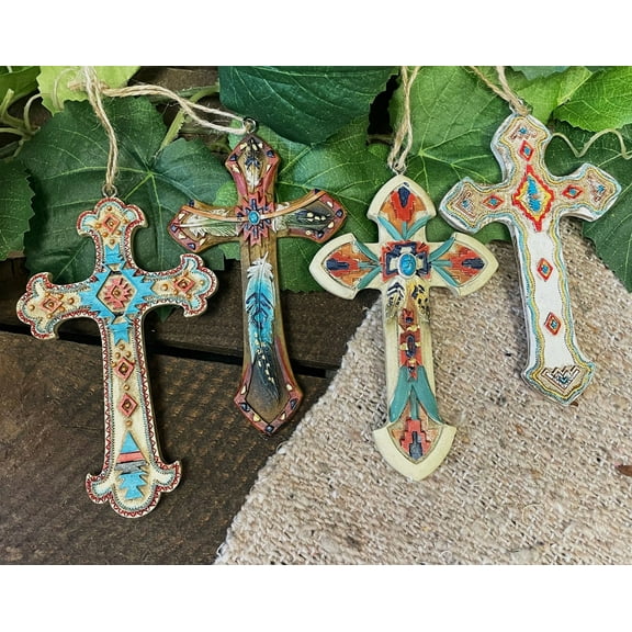 Rustic Western Native Indian Christian Crosses Set of 4 Christmas Tree Ornaments
