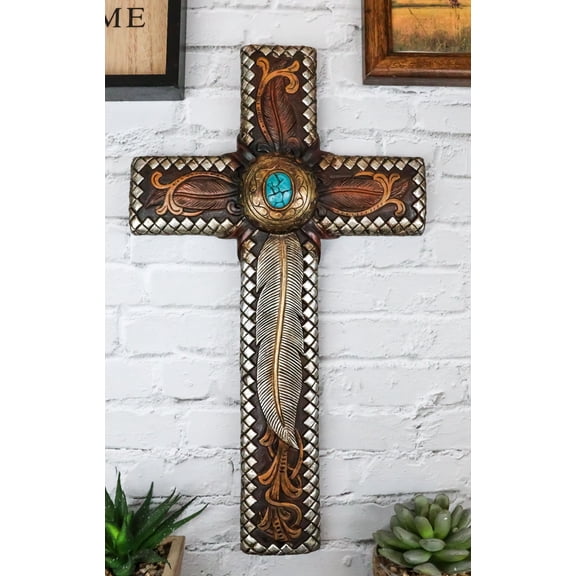 Rustic Western Native Indian Dreamcatcher Feathers Turquoise Rock Wall Cross