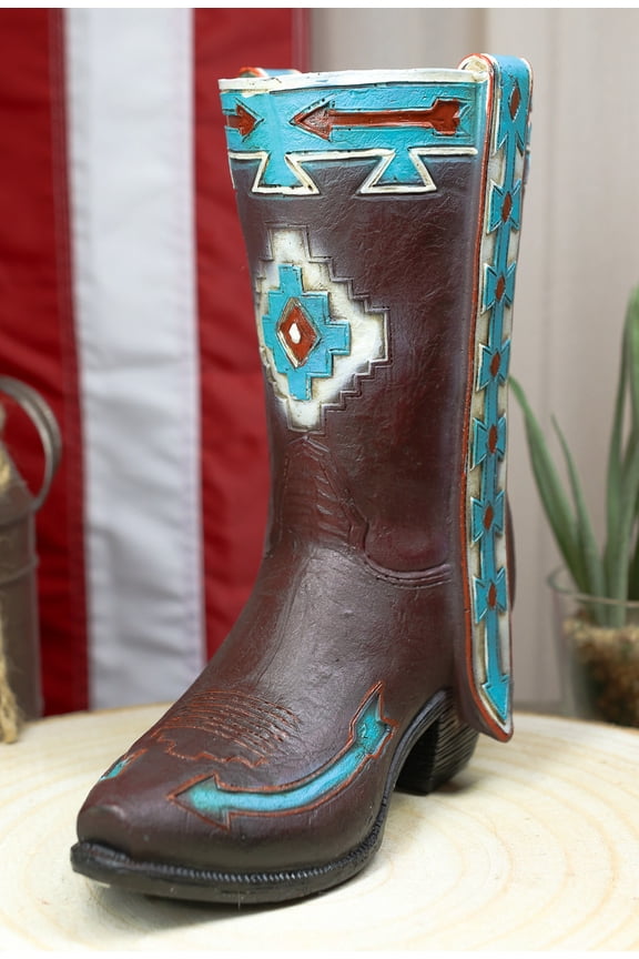 Rustic Western Navajo Indian Vector Arrows Tooled Leather Cowboy Boot Vase Decor