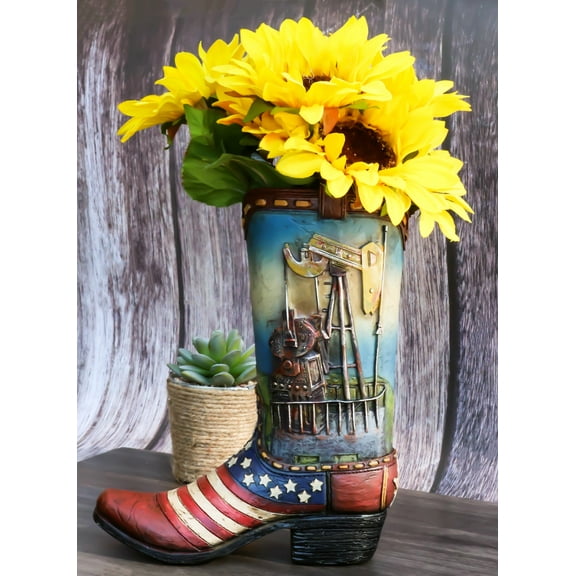 Rustic Western Oil Derrick Pump Jack USA Flag Cowboy Boot Flower Vase Planter
