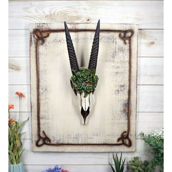 Rustic Western Oryx Gazelle Antelope Skull With Green Roses Wall Decor Plaque