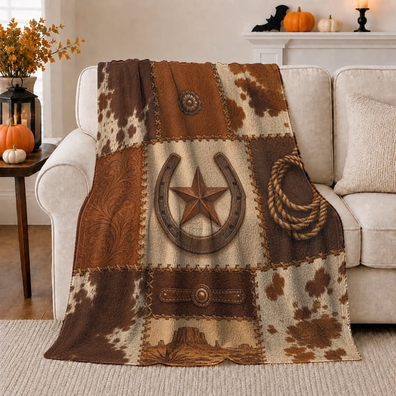 Rustic Western Patchwork Horseshoe Star, Rustic Farmhouse Horse Scene, Warm Flannel Blanket for Ranch House and Living Room, Horse Lovers Encouragement Gift, Rustic Home Decor