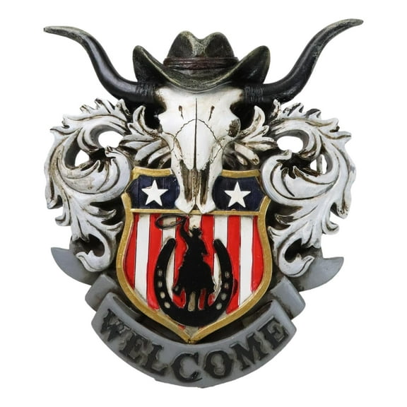 Rustic Western Patriotic Longhorn Cow Skull Cowboy Hat Welcome Wall Decor Plaque