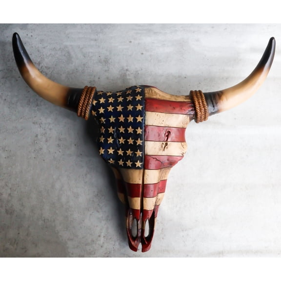Rustic Western Patriotic USA American Flag Steer Bison Bull Cow Skull Wall Decor
