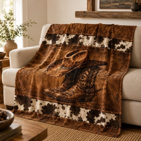 Rustic Western Print Fleece Blanket, Brown Distressed Leather Style Throw