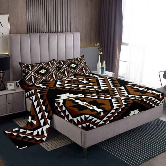 Rustic Western Queen Bed Sheets For Men,Southwestern Aztec Sheet Set Bohemian Bedding Set Mexican Style Geometric Diamond Farmhouse Fitted Sheet Brown Black White Flat Sheet 2 Pillow Cases
