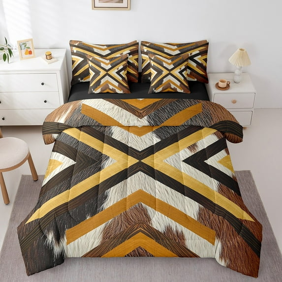 Rustic Western Queen Comforter Set 7 Piece Men,Southwestern Boho Aztec Bedding Set Farmhouse Cowhide Bed In A Bag Farm Animal Geometric Bed Set