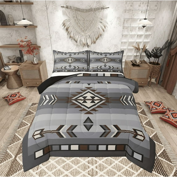Rustic Western Queen Comforter Set American Southwestern Bedding Set For Boys Men Bohemian Aztec Quilt Bedding Sets Exotic Tribal Bed Set Brown Grey Farmhouse Decor 3 Pcs