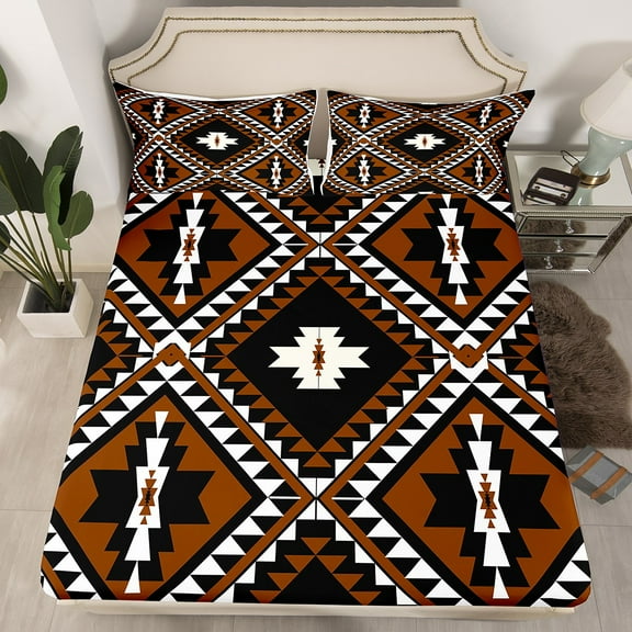 Rustic Western Queen Size Bed Sheets For Men,Southwestern Aztec Bedding Set Bohemian Fitted Sheet Mexican Style Geometric Diamond Sheets Brown Black White Farmhouse Room Decor 3 Pcs