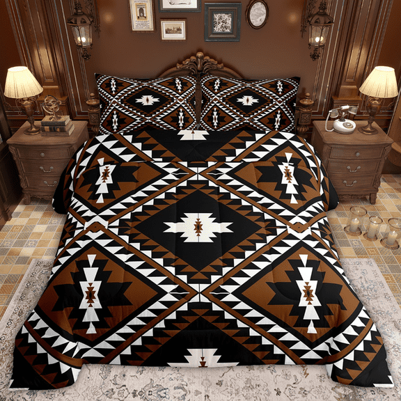 Rustic Western Queen Size Comforter Set For Men,Southwestern Aztec Bedding Set Bohemian Quilt Comforter Ethnic Mexican Geometric Diamond Duvet Insert Brown Black White Farmhouse Room Decor 3 Pcs