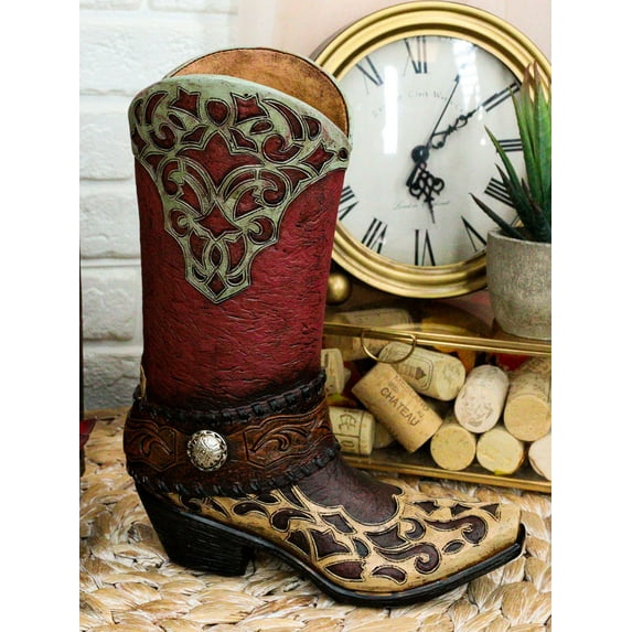Rustic Western Red Brown Tooled Leather Scroll Lace Patterns Boot Floral Vase