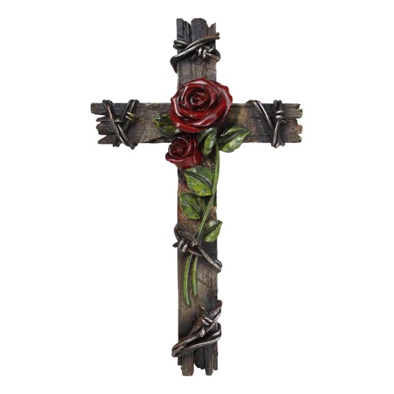 Rustic Western Red Roses Stalk With Barbed Wires Faux Wooden Wall Cross Decor