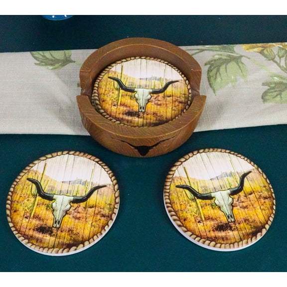 Rustic Western Rodeo Roundup Longhorn Cow Skull Ropes Faux Wooden Coaster Set