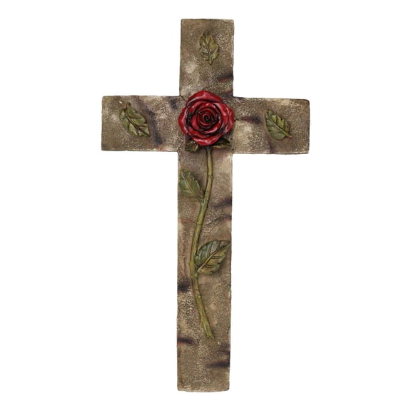 Rustic Western Rose of Sharon Red Rose Stalk With Green Petals Wall Cross Decor