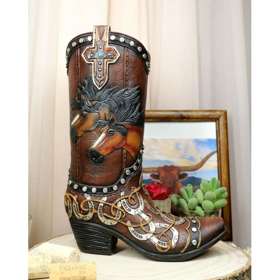 Rustic Western Running Horses Horseshoes And Cross Cowboy Boot Vase Sculpture