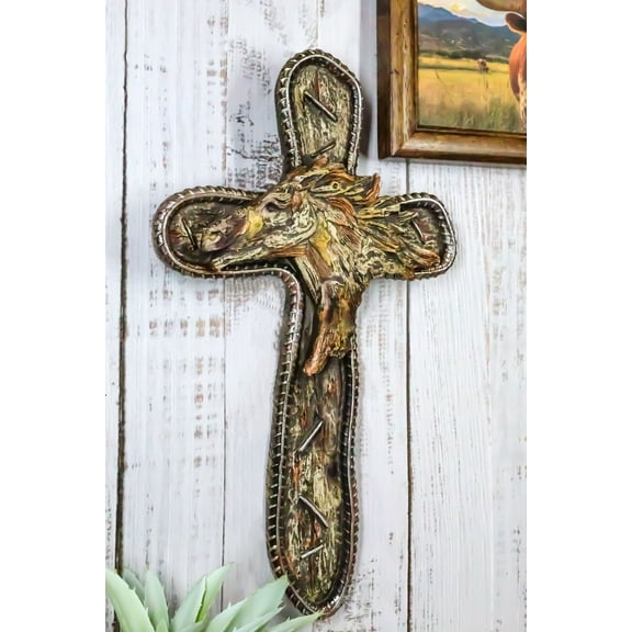 Rustic Western Running Wild Mustang Horse Vintage Barnwood Look Wall Cross Decor