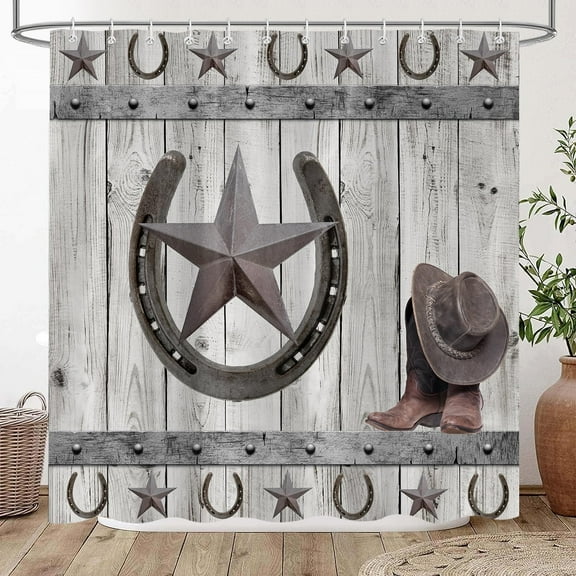 Rustic Western Shower Curtain, Vintage Rusty Horseshoe Boots on Gray Barn Door Retro Farmhouse Bath Curtian, Waterproof Bathroom Curtian Accessory Set 12 Hooks 72x72 inch