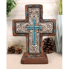 Rustic Western Silver Floral Scrollwork And Blue Turquoise Standing Cross Plaque