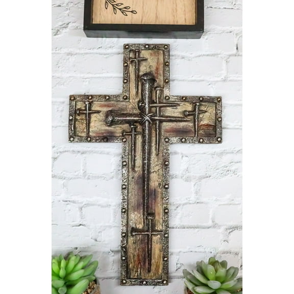 Rustic Western Spike Nails Layered Wall Cross With Nailhead Borders Crucifix Art