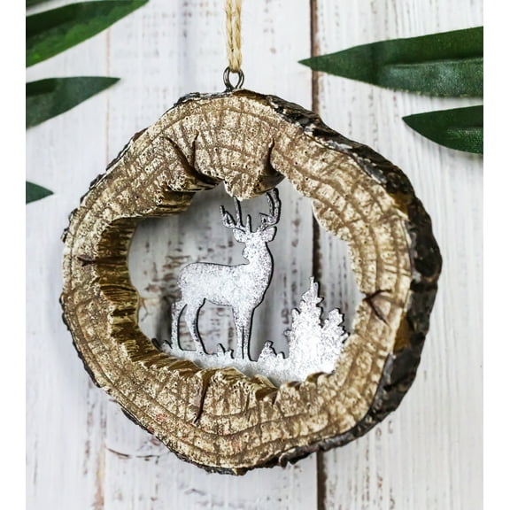 Rustic Western Stag Deer Faux Wood Log Slice Set of 4 Christmas Tree Ornaments