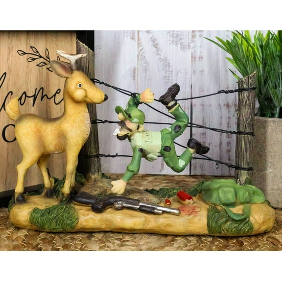 Rustic Western Stag Deer Standing By Hunter Trapped In Barbed Wires Figurine