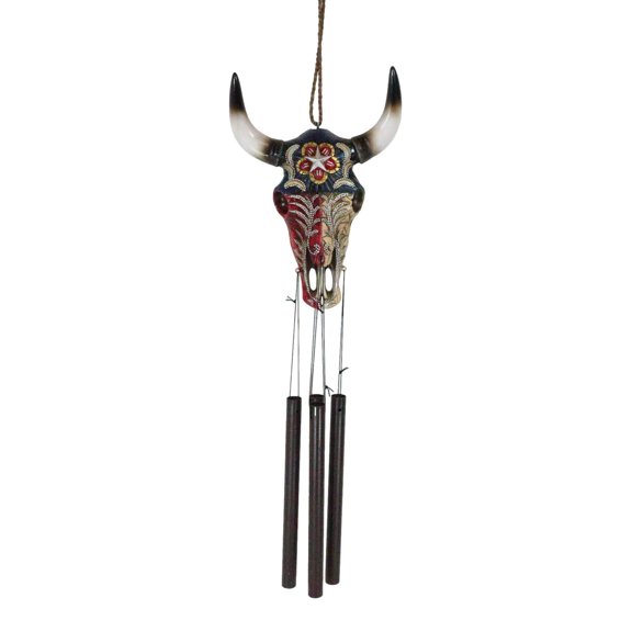 Rustic Western Star Colorful Texas Flag Floral Pattern Bull Cow Skull Wind Chime