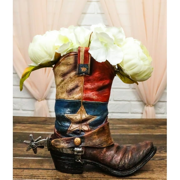 Rustic Western Star Texas Patriot Flag Cowboy Boot With Spur Floral Vase Planter