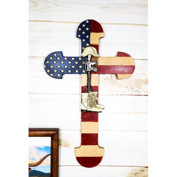 Rustic Western Stars USA Flag Fallen Soldier Boot Rifle Helmet Wall Cross Decor