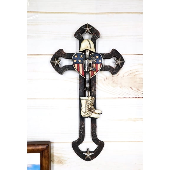 Rustic Western Stars USA Flag Heart Fallen Soldier Boot Rifle Helmet Wall Cross
