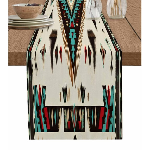 Rustic Western Table Runner-Cotton Linen- 48 Inch Holiday Dresser Scarves, Southwest Aztec Tribal Patterns Ethnic Tablerunner for Kitchen Coffee/Dining Bedroom Living Room Dinner Scarf Décor 13x48
