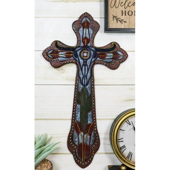 Rustic Western Texas Longhorn Cow Desert Cactus Faux Leather Wall Cross Decor