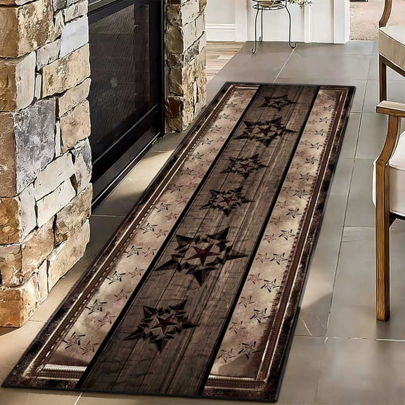 Rustic Western Texas Star Runner Rug, Washable Non-Slip Barn Wood Look Floor Mat, Farmhouse Cabin Carpet for Hallway, Kitchen & Entryway, 2x7ft