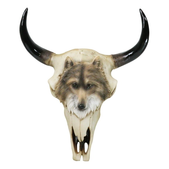 Rustic Western Tribal Buffalo Bull Cow Skull With Gray Wolf Carving Wall Decor